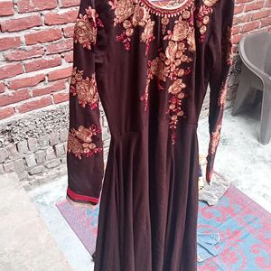 Brown Flared Embroidered Gown