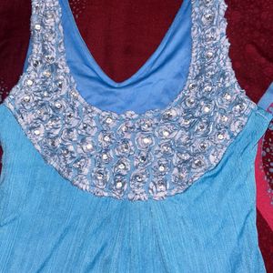 Blue Color Tunic Dress With Flower Work