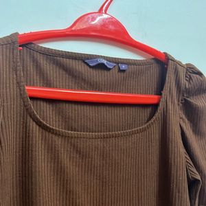 Brown Square Neck ribbed Top With Puffed Sleeves