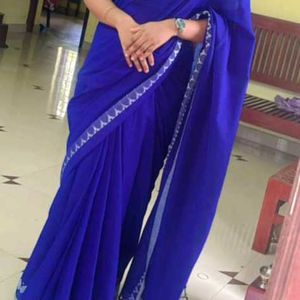 Beautiful Royal Blue Cotton Saree With White Blous