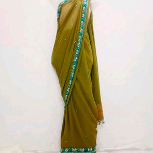 Olive Green Saree With Blue Zari Work On