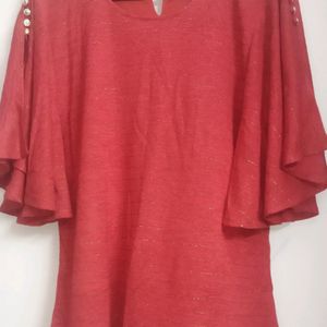 Red Color Top With Butterfly Sleeves.