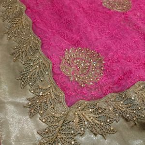 Stunning Rose Thread Work Net Saree