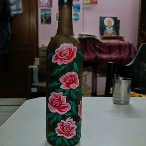 Handpainted Floral Art On Glass Bottle/ Vase