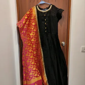 Minimal Black Ethnic Gown With Banarasi Dupatta