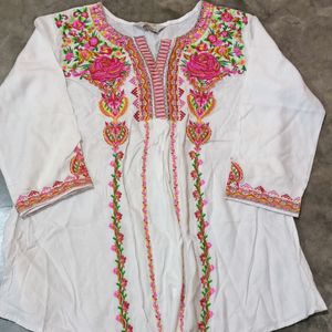 White and Multicolour Embroidered Tunic