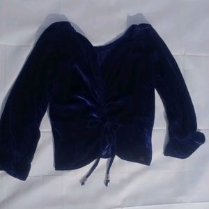 Navy Blue Velvet Crop Top With V Neck