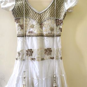 White Net Long Frock With Dupatta