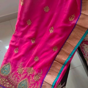 New Dark Pink Embroidered Saree With Blouse