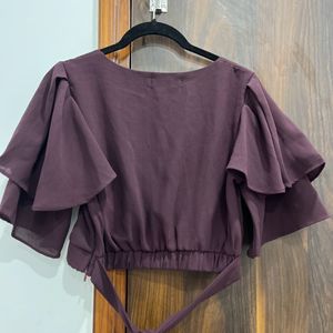 Ruffled Sleeve Vine Crop Top