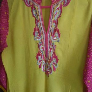 Yellow, Straight,embroidered Kurti, Used.