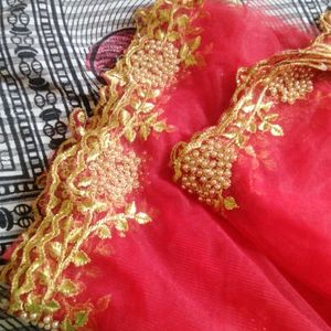 New Red Duppata With Gold Embroidery And Cut Work