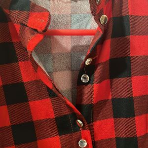 Red& Black Check Cuffed Sleeve Knee Length Shirt