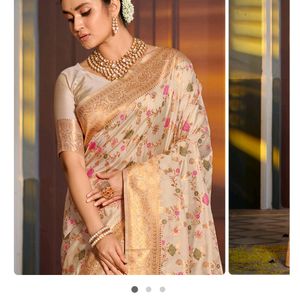 Cream Banarsi Silk Saree For Party Wear