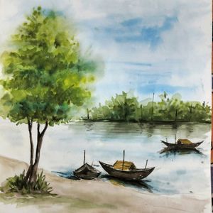 Riverside Scenery Watercolor Painting