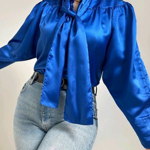 New Premium Satin Royal Blue Bow Shirt