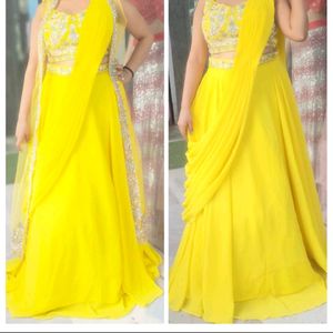 Yellow Shrug Saree Lahanga Dress