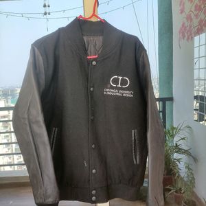 Leather Sleeves Back Embroidery Bomber Jacket