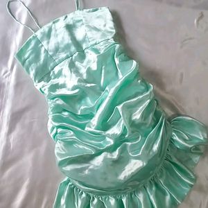 Satin Aqua green Ruched Dress