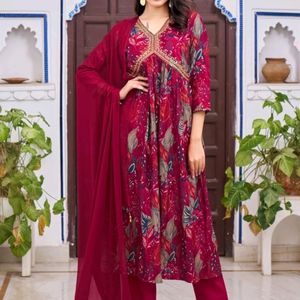 Alia Cut Embroidered & Floral Printed Kurta with p