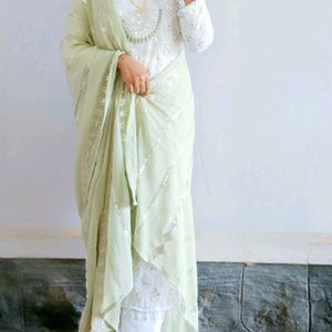 White And Green Embroidered Beautiful Churidhar