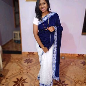 blue and white soft net saree