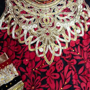 Black & Red Anarkali With Dupatta & Paijama