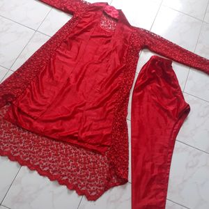 New Red Rose Net Shrug Outfit With Pant And Top