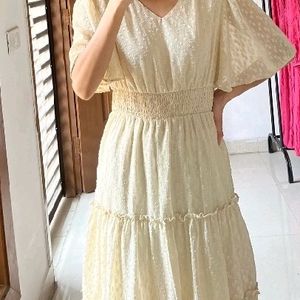 Cream Jacquard Tiered Midi Dress