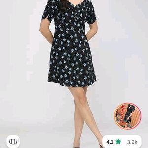 Black Floral Crepe A Line Dress