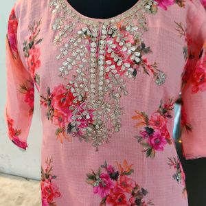 Kota Doria Floral Kurta With Gota Neckline