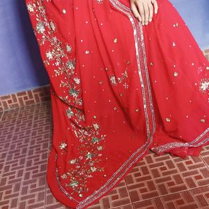 Red Saree With Full Embroidery Design