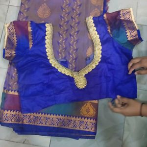 Blue 💙 Saree With Stitched MAGGAM  BLOUSE