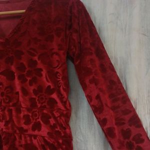 Red Velvet Gown With Full Sleeve