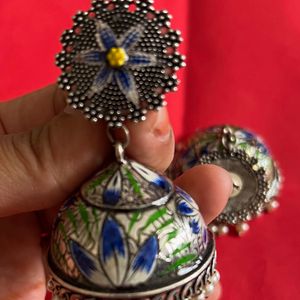 Hand Painted Blue Meenakari Big Jhumka