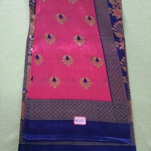 Rose Pink Saree With Blue Border