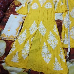 Front Cut Yellow Kurta Palazzo With Dupatta