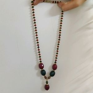 Crystal Maroon Green Pearl & Jaipuri Long Neckace