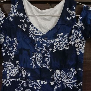 Cold-shoulder Sleeves Desi Print Navy Blue Kurti