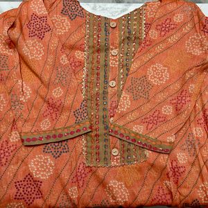 Orange Ornamental Print Kurta Trouser Dupatta (XL)