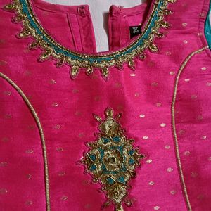 Pink Silk Kurta With Border Work For Girls