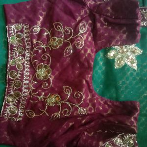 Green Lengha Type Saree With Purple Embroidery