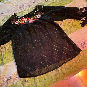 Embroidered Net Black Blouson Top.