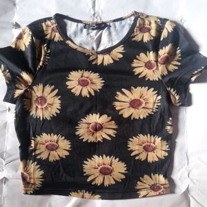 Shein Sunflower Black Fitted Crop Top Girl Xs Tee