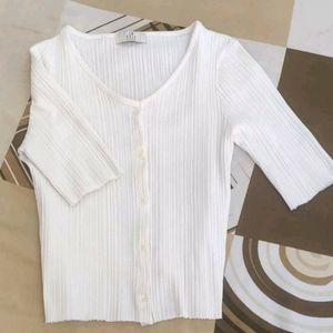 Korean Crop Top , Off White , Stretchable, Ribbed