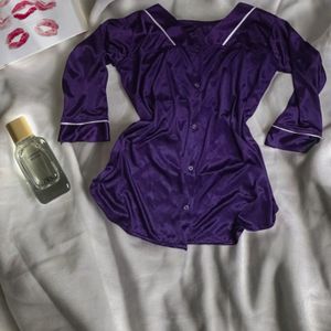 Cozy Satin Dark Purple Night Suit For Women