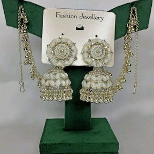 Gold-Plated Dome Shaped Stone Studded Beaded Jhumk