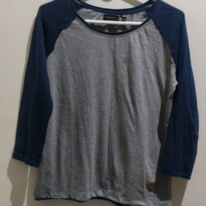 Grey Melange Solid Round Neck Raglan Sleeves Baseball Tshirt