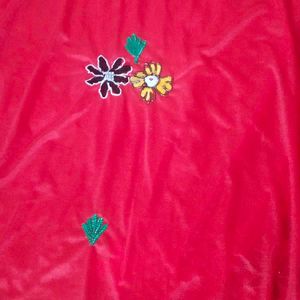 Red Colour Saree With Embroidery Flowers