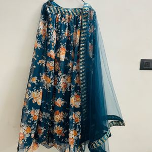 Women Chiffon Blue Lehnga With 2 Tops And Bag